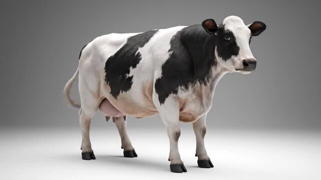 Realistic 3D render of a Holstein cow with black and white patches on a white background