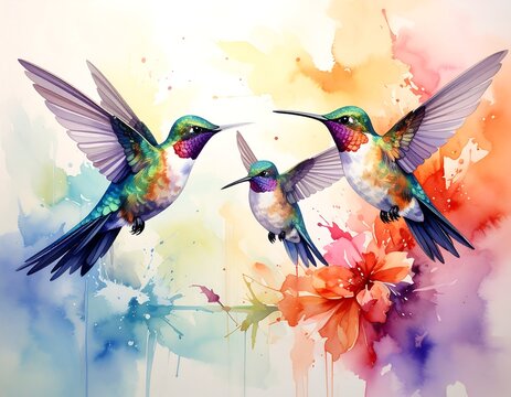 Three hummingbirds in watercolor style amid colorful splashes