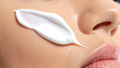 Close-up of a smooth, creamy white cosmetic lotion or moisturizer being applied to a person's cheek and lips