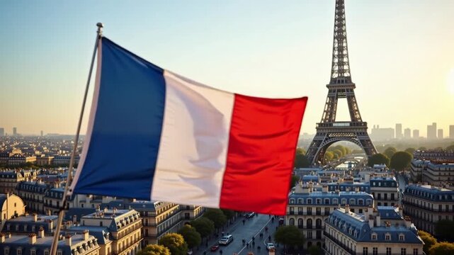 The image shows the French flag waving in front of the Eiffel Tower and a cityscape. The scene is bathed in sunlight.