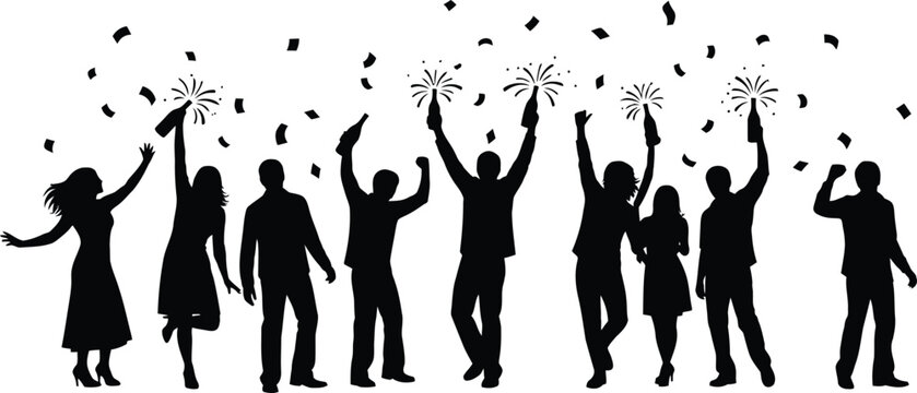 Silhouettes of people celebrating with arms raised, holding sparklers and confetti at a lively party or festive event, isolated on white background