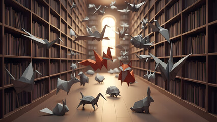 Origami Animals and Cranes Floating in a Library Aisle with Sunlight