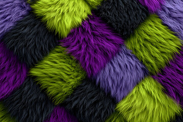fluffy geometric squares in black deep purple and neon green creating a bold vibrant textured wallpaper