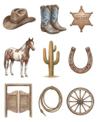 Wild West Cowboy Gear Illustration Set