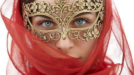 Mysterious Woman face in Gold Mask, Closeup Turquoise Eyes, world theatre day theme