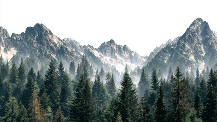 Majestic mountain range with dense green pine forests, rugged peaks and natural landscape isolated on transparent background, detailed vector illustration for nature and outdoor designs