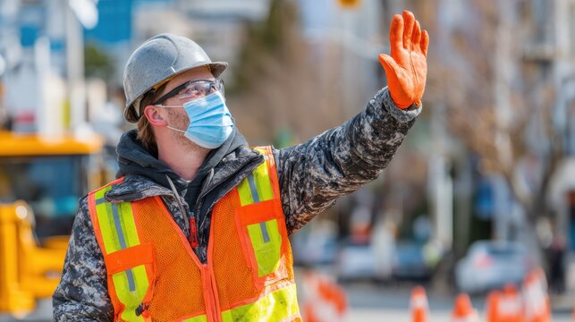 Safety-conscious Worker in Protective Gear Signals to Stop for Enhanced Workplace Safety During a Busy Construction Day