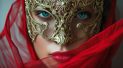 Mysterious Woman face in Gold Mask, Closeup Turquoise Eyes, world theatre day theme