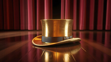 Golden Top Hat on Wooden Stage, Theatre day performance, Red Curtains, Reflective Floor, Dramatic Lighting