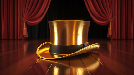 Golden Top Hat on Wooden Stage, Theatre day performance, Red Curtains, Reflective Floor, Dramatic Lighting
