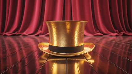 Golden Top Hat on Wooden Stage, Theatre day performance, Red Curtains, Reflective Floor, Dramatic Lighting