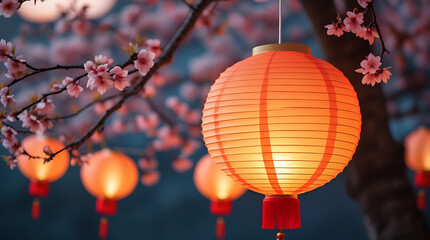 Asian Lantern with Cherry Blossoms,Festival Celebration, Soft Glowing Lights