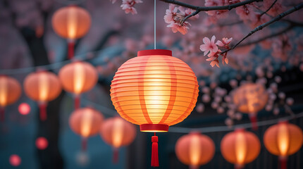Asian Lantern with Cherry Blossoms,Festival Celebration, Soft Glowing Lights