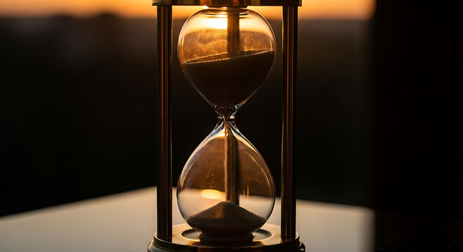 Golden light illuminates sand in a classic hourglass