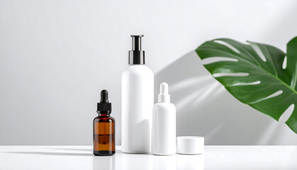 Cosmetic skincare product bottles against a white background with a monstera leaf, beauty routine
