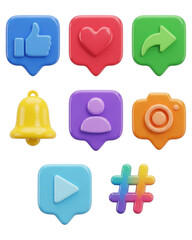 3D Social Media Icons: Like, Heart, Share, Notification Set