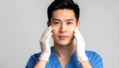 Handsome Asian Man in Medical Attire Applying Skincare Product, Focus on Healthy Skin and Beauty Treatment