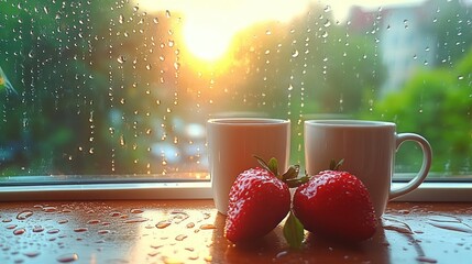 Two cups of tea, strawberries, rainy window