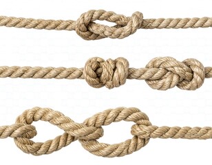 Fototapeta premium Three lines of rope, each featuring a different type of knot, against a clean white backdrop