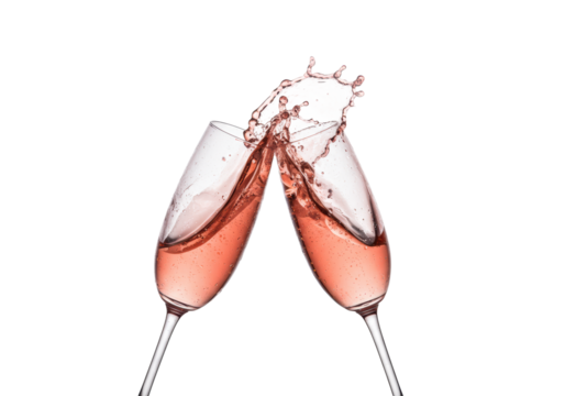 Two elegant, long-stem crystal flutes clinking dramatically, freezing an explosive splash of vibrant pale pink rosé wine against a transparent cyclorama. Luxury celebration concept.