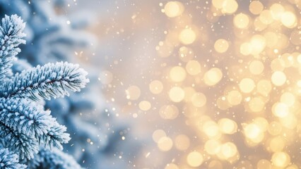 Close-up of a frosty fir tree branch covered in winter snow with a beautiful, warm golden bokeh light background for Christmas