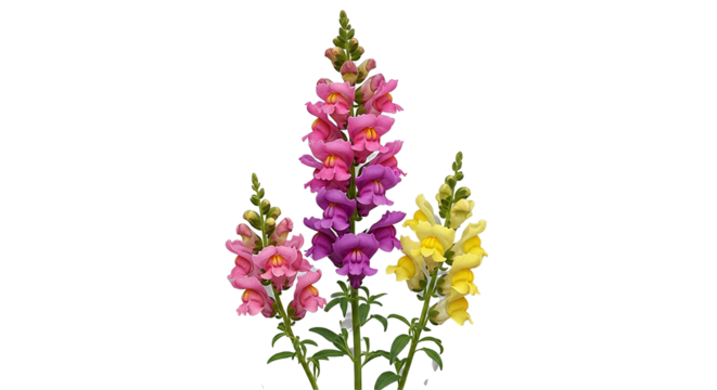 Three stalks of vibrant snapdragons in pink purple and yellow on black background