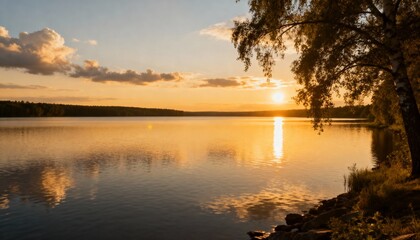 Obraz premium Tranquil lake at sunset with warm golden light reflecting on calm water and trees along the shore