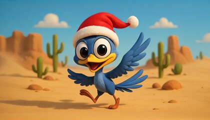 Happy Roadrunner Wearing a Santa Claus Hats in the Desert