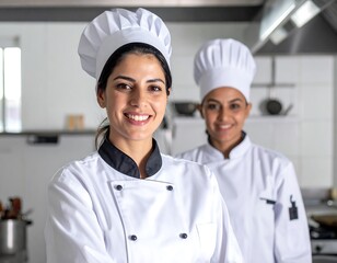 Two female chefs smiling in a commercial kitchen, wearing traditional white uniforms and hats