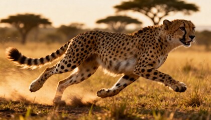 Majestic cheetah sprints through sun-drenched savannah dust, conveying speed and wild beauty