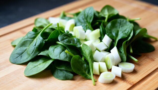 Fresh spinach and chopped scallion pile on rustic wooden cutting board, vibrant healthy ingredient preparation for cooking and cuisine