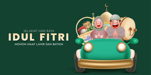 Translation : Happy Eid Mubarak. Eid al-Fitr Illustration with Happy Kids in Car Traveling for Celebration on Green Background. Mudik (Back to Hometown) Poster Design