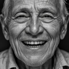 Extreme close-up of smiling face showing deep wrinkles and laugh lines, studio lighting, black and white