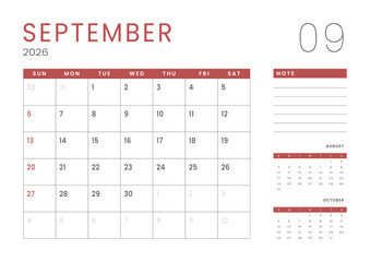 Monthly page Calendar Planner Template design of September 2026. Vector layout of calendar with week start Sunday for Scheduling. Page for size A4 or 21x29.7 cm
