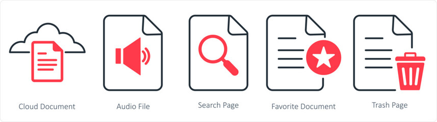 A set of 5 document icons as cloud document, audio file, search page