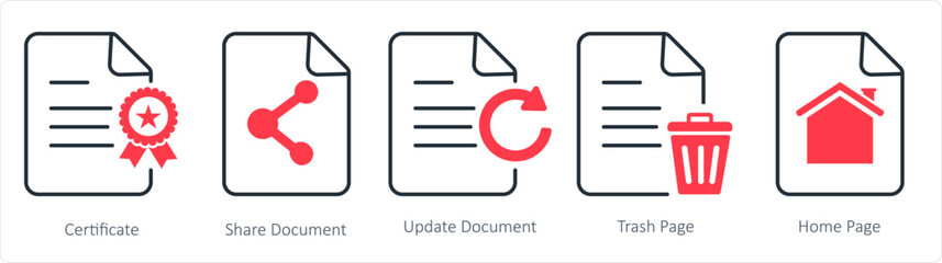 A set of 5 document icons as certificate, share document, update document