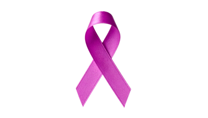 A glossy magenta ribbon, a symbol of awareness, floats against a stark black background