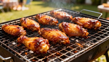 Delicious glazed chicken wing sizzling on a barbecue grill outdoors with smoke rising in bright daylight