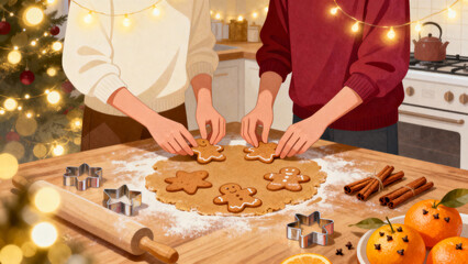 Warm cozy illustration of two people preparing Christmas cookies on a wooden table surrounded by dough, rolling pin, cookie cutters, spices, and holiday lights. Soft glowing atmosphere and festive win