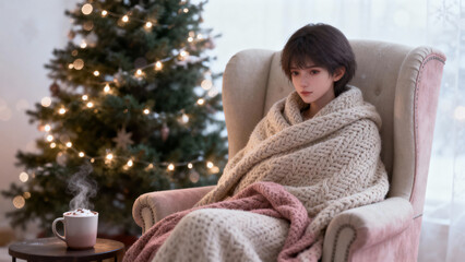 Soft winter illustration of a girl wrapped in a knitted blanket, sitting in a comfortable armchair near a decorated Christmas tree with warm lights. Calm cozy atmosphere, hot drink on the table, peace