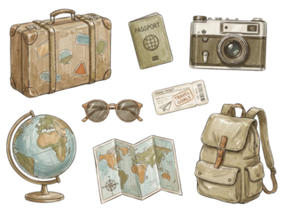 Vintage Travel Items Watercolor Illustration