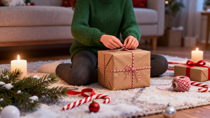 Cozy holiday illustration showing hands wrapping a Christmas gift on a soft carpet surrounded by candles, ornaments, pine branches, and festive ribbon. Warm atmospheric lighting and peaceful winter mo
