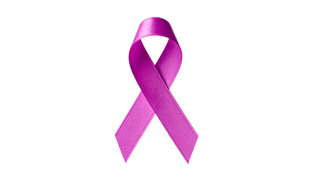 A glossy magenta ribbon, a symbol of awareness, floats against a stark black background