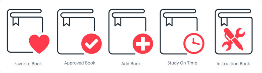 A set of 5 document icons as favorite book, approved book, add book