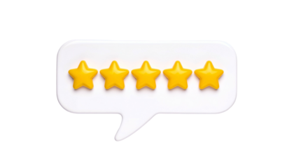 Five yellow stars inside a white speech bubble, representing excellent feedback, on a black background