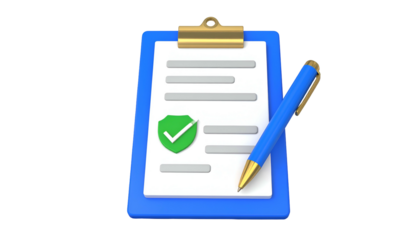 3D illustration of a clipboard with a document, checkmark, and pen on a black background