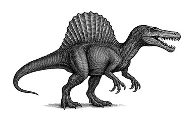 Detailed black and white spinosaurus sketch with distinctive sail and fierce expression