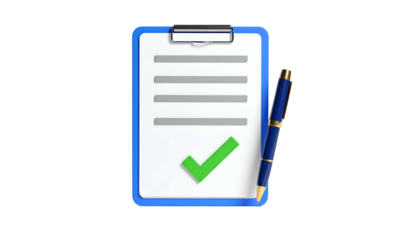 A digital rendering of a clipboard with paper, checkmark, and pen