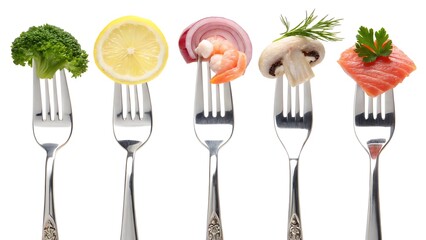 Five different healthy food items including broccoli, lemon slice, shrimp, mushroom, and salmon piece skewered on individual silver forks, isolated on white background