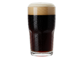 Hyper-photorealistic macro shot of a chilled dimpled glass stein filled with dark stout and thick, off-white nitrogenated foam, isolated on a transparent background. Concept for beverage